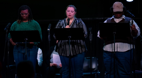 Graduate students Ayanna Taylor, Tori Denike, and Taylor Robertson reading a play from "Plays on Tap."