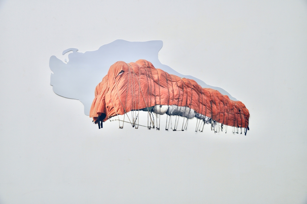 "flying snail" 2022 artwork by Maia Toteva using inkjet paint on canvas.